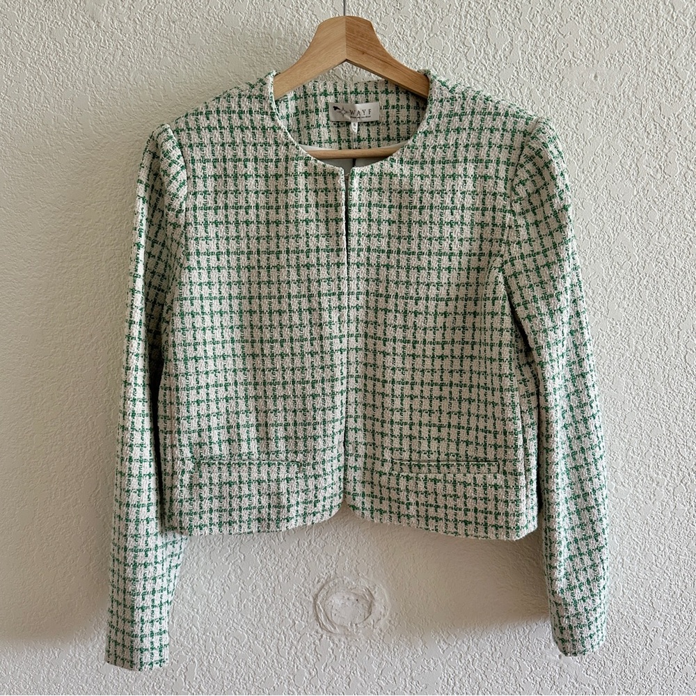 WAYF New NWT Green & Cream White Tweed Textured Woven Cropped Blazer Suit Jacket